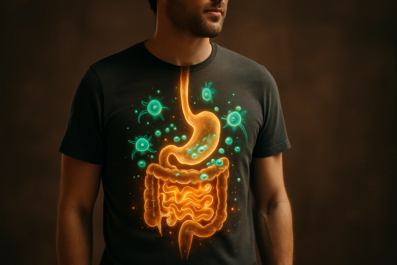 Muž v čiernom tričku s grafickým zobrazením tráviaceho systému.