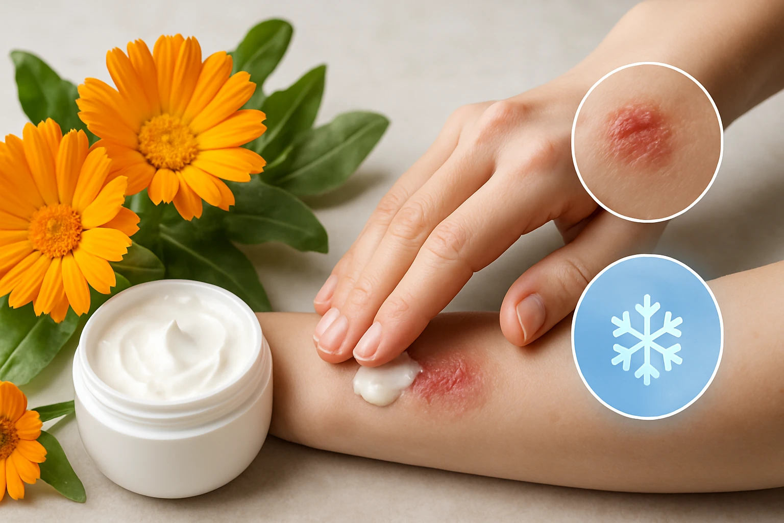 Ruka s krémom na liečbu podráždenej pokožky a žlté kvety v pozadí.