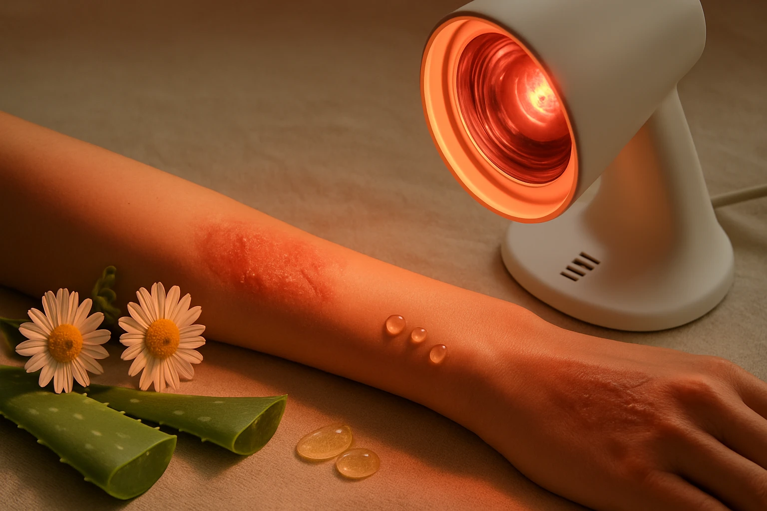 Ruka s popáleninou, aloe vera listy a kvety harmančeka, infračervené svetlo.