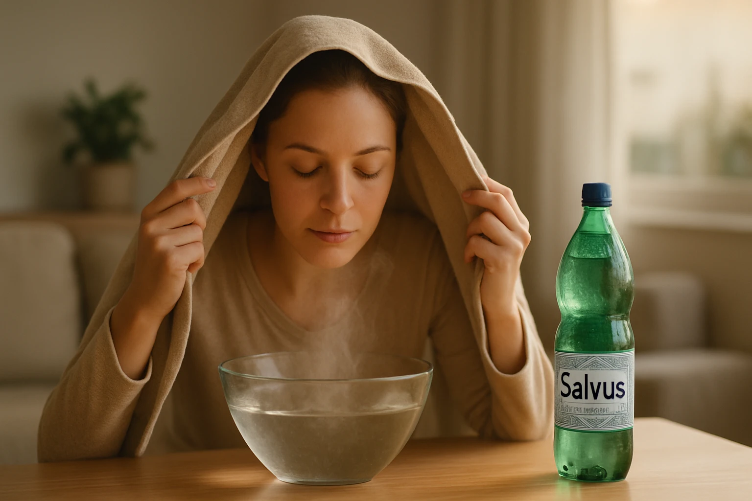 Žena s prikrývkou nad hlavou sa skláňa nad parou z misky s vodou.