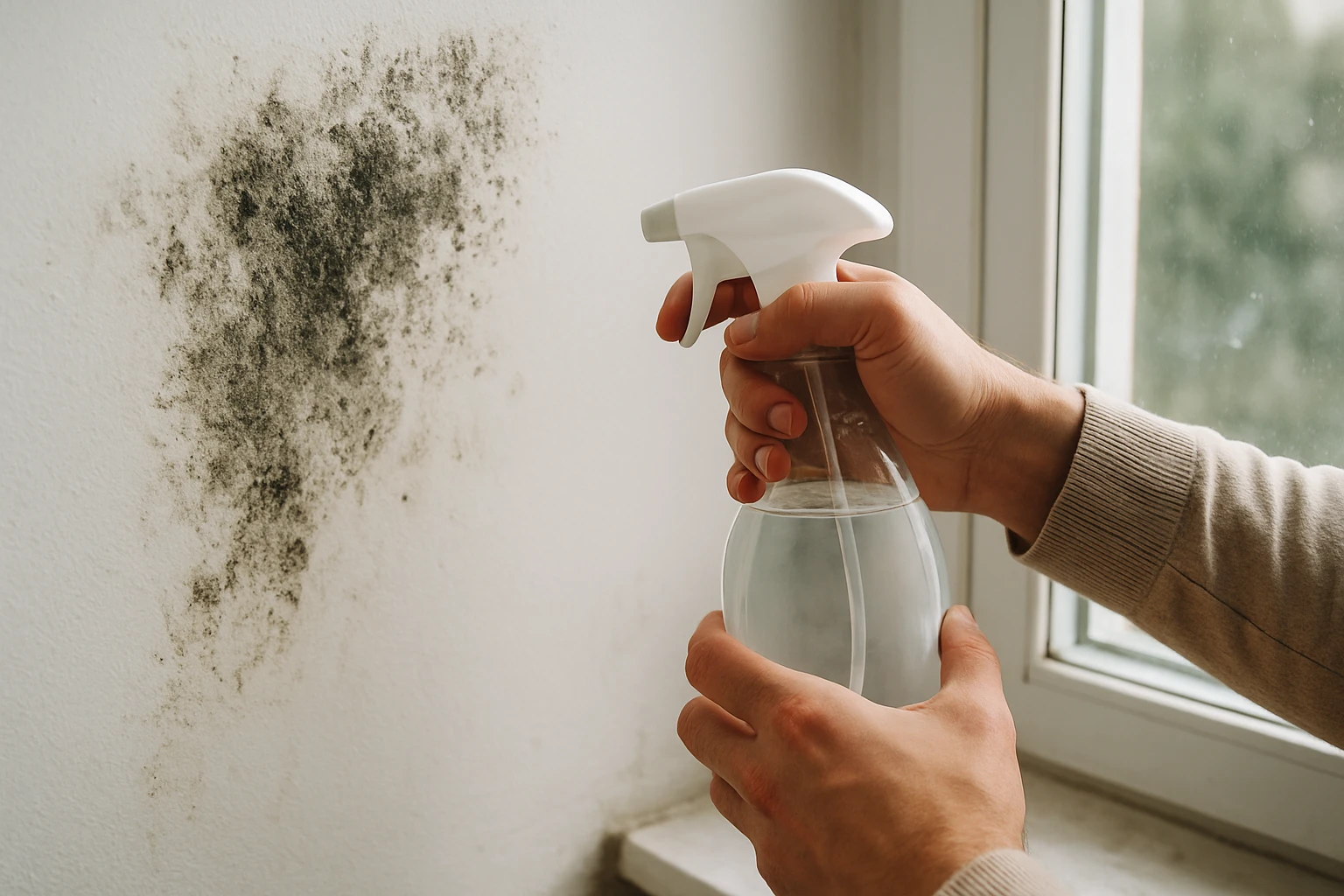 Ruka drži fľašu s rozprašovačom pred plesnivou stenou.
