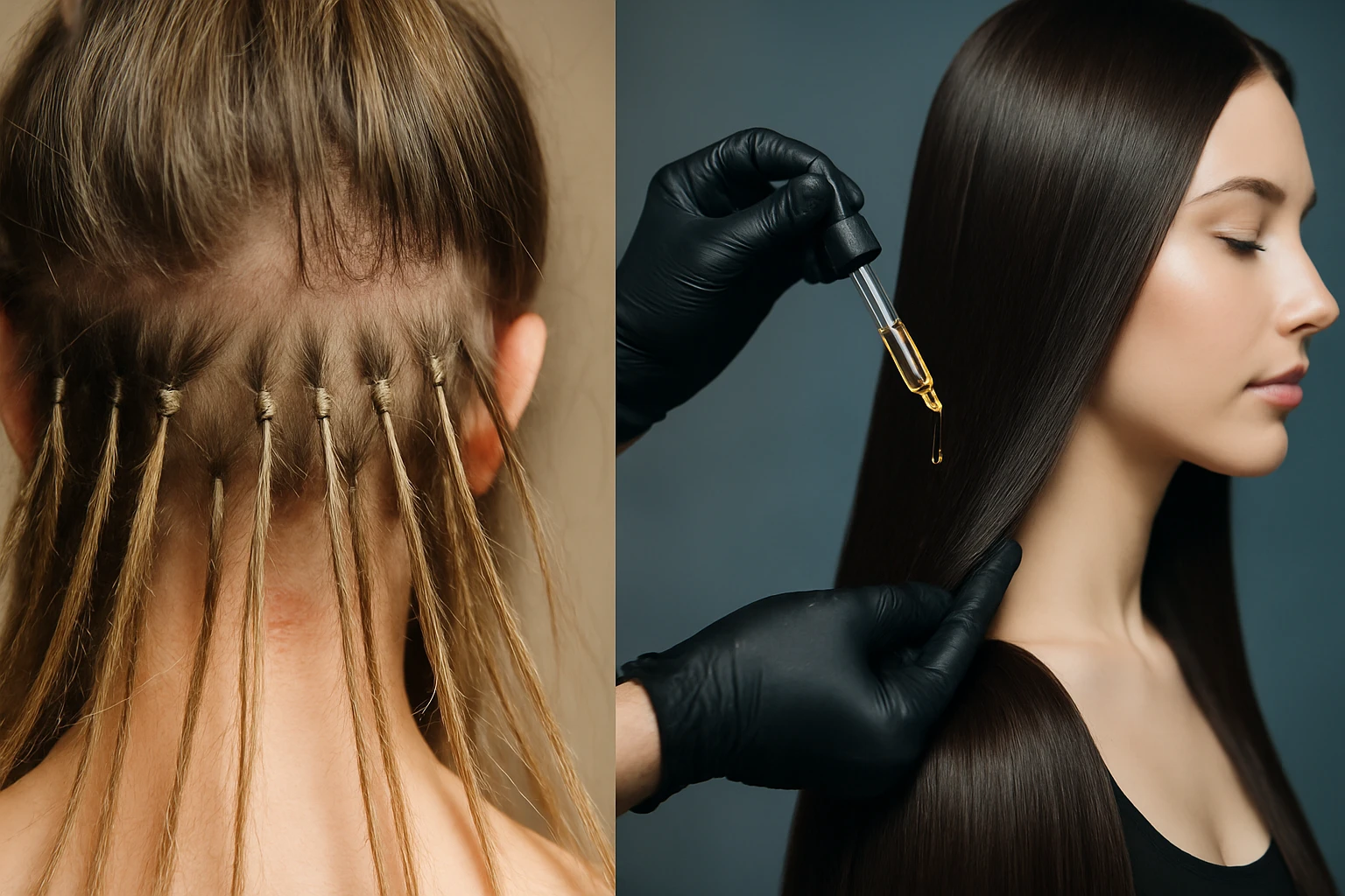 Žena s pletenými vlasmi na zadnej strane hlavy a aplikácia oleja na vlasy.