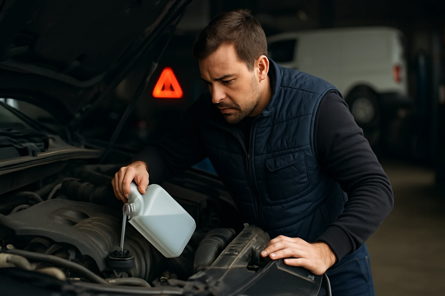 Muž nalieva motorový olej do motora auta v garáži.