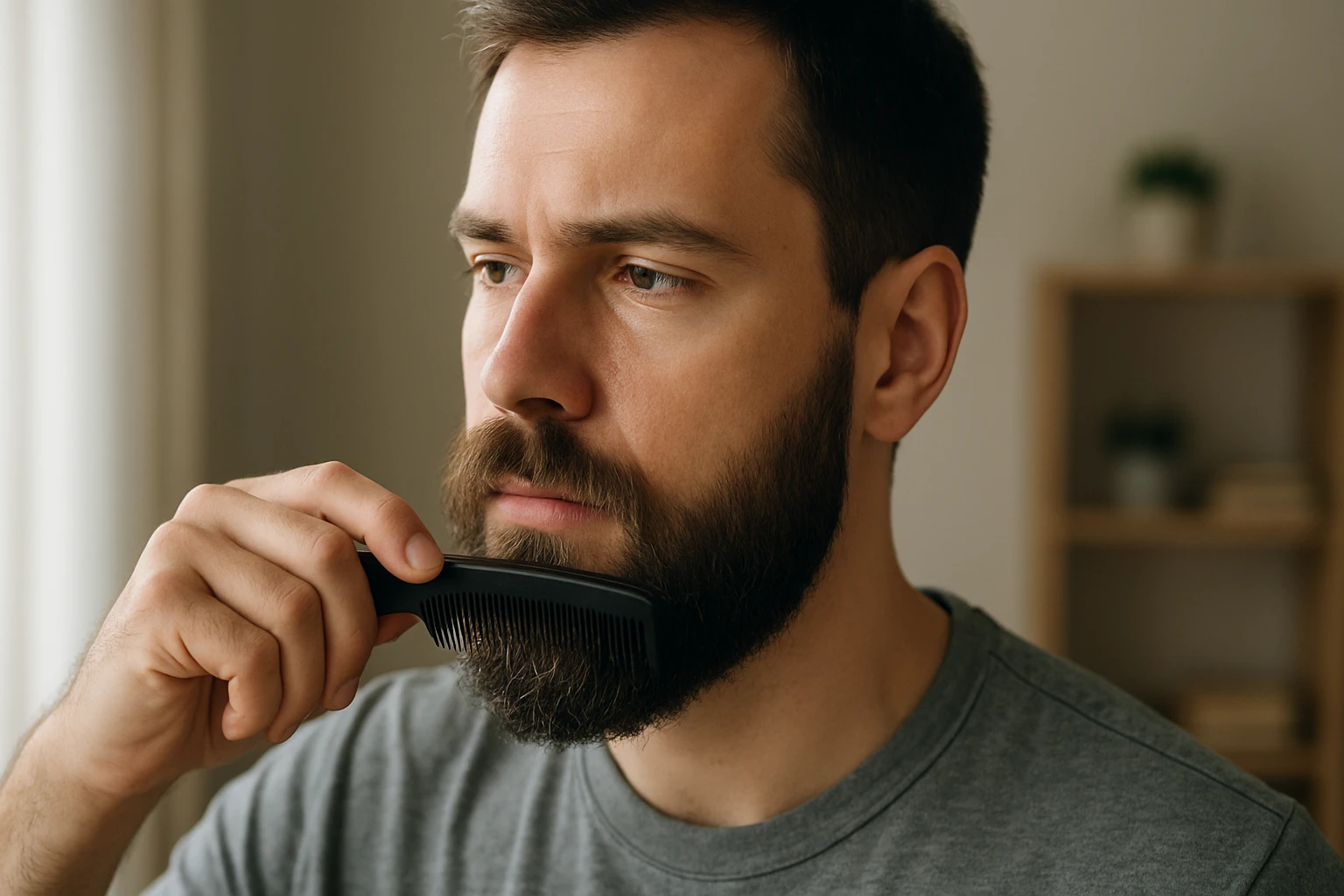 Muž s plnovousem si česá vousy černým hřebínkem v interiéru.