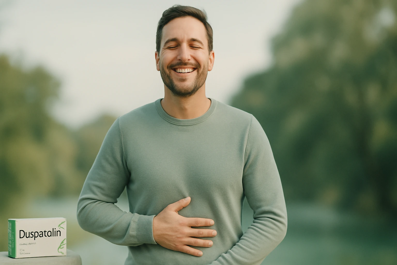 Muž s úsmevom, ktorý sa drží za brucho, a vedľa egy krabička Duspatolinu.