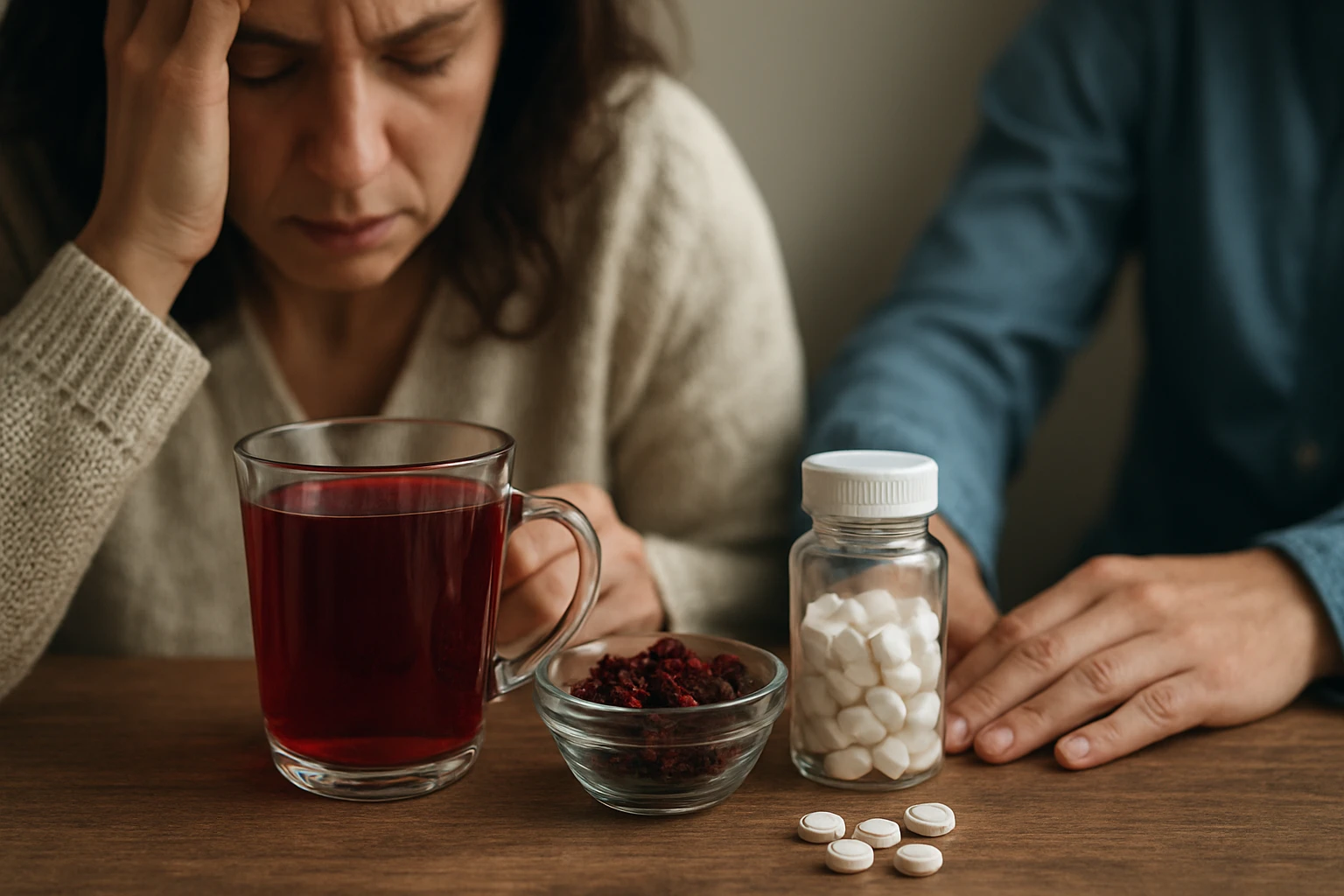 Žena s bolesťou hlavy sedí pri stole s čajom a liekmi.