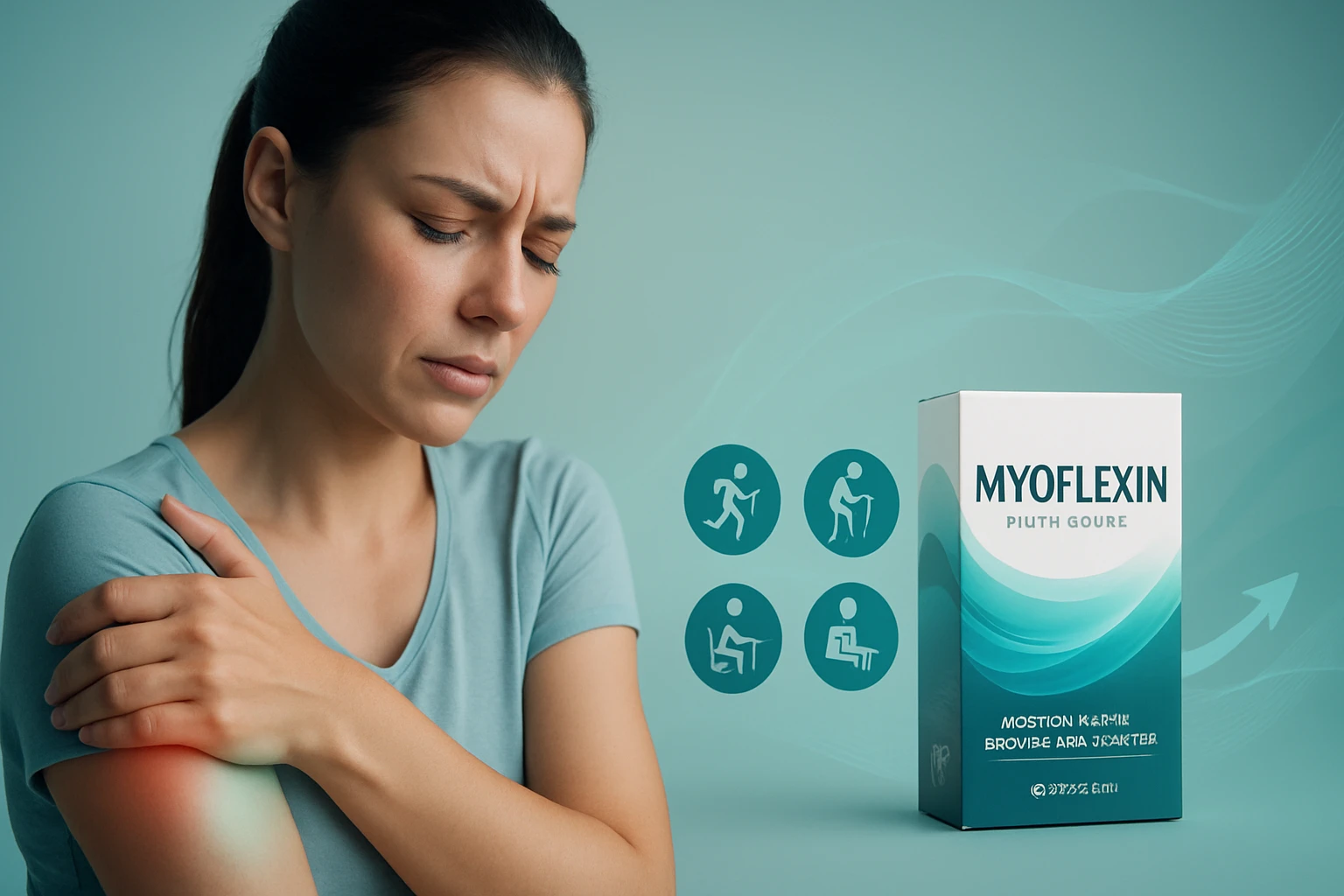 Žena sa drží za bolesť v ramene, vedľa balenia Myoflexinu.