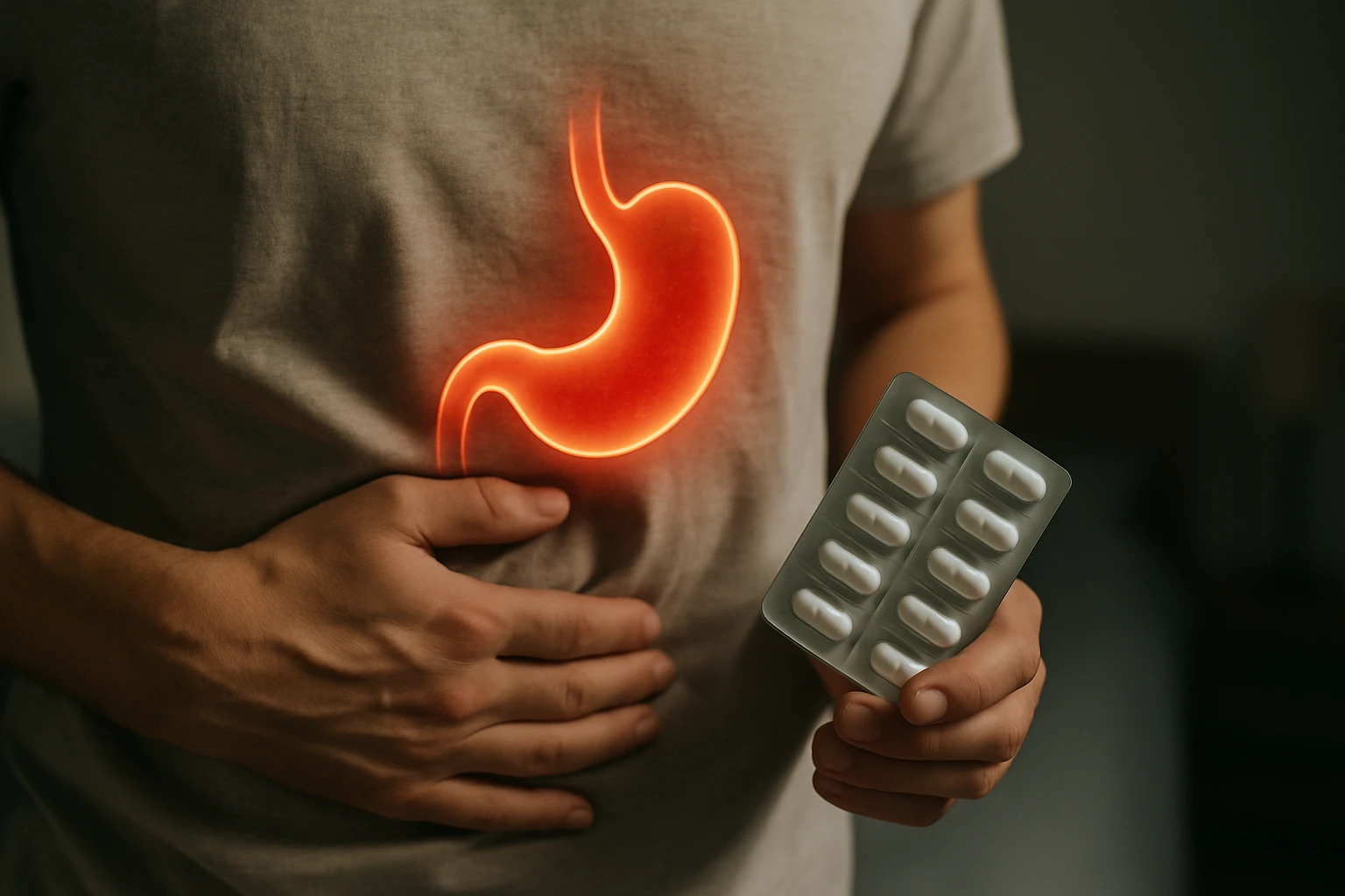 Muž drží ruku na bruchu a tabletky na zmiernenie tráviacich problémov.