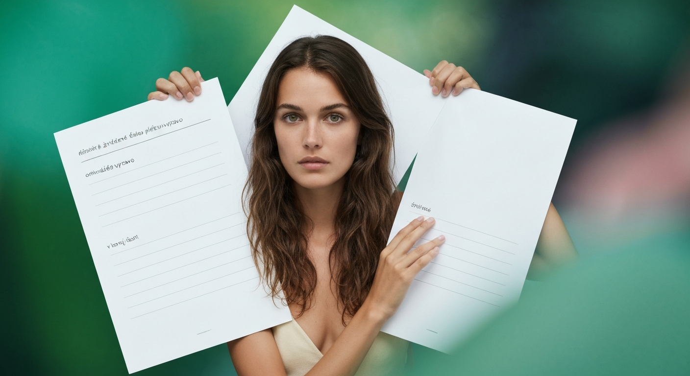 Mladá žena tart két üres papírlapot, komoly arckifejezéssel.