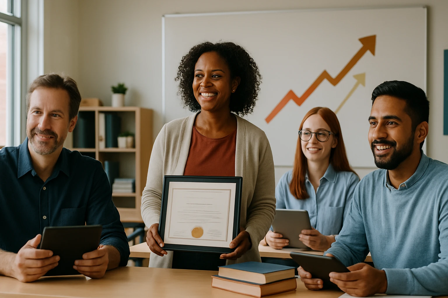 Skupina štyroch ľudí v kancelárii, z ktorých jedna žena drží certifikát.