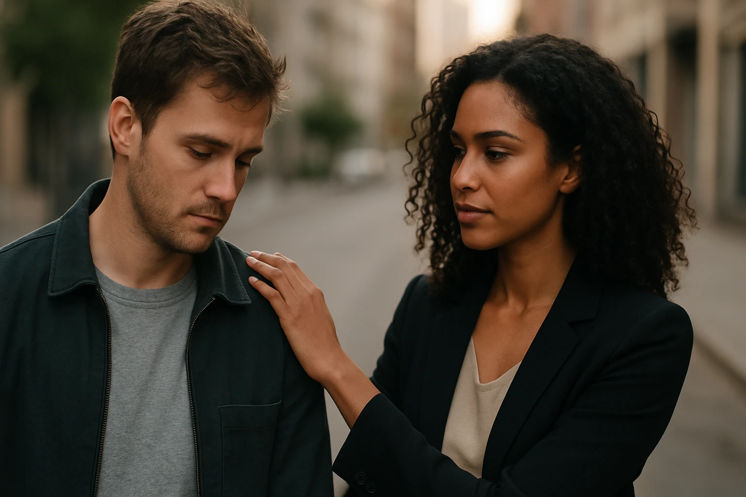Mladý muž a žena sa rozprávajú na ulici, žena ho utešuje.