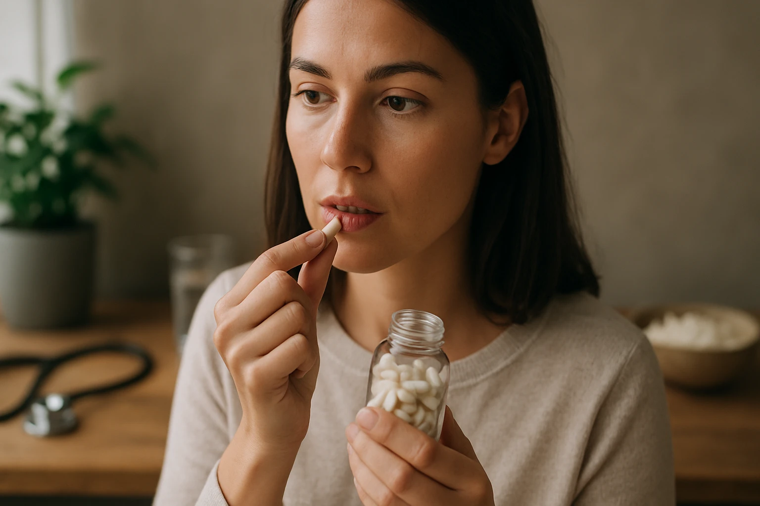 Žena sa pripravuje na užitie tabletky z fľaštičky s bielymi kapsulami.