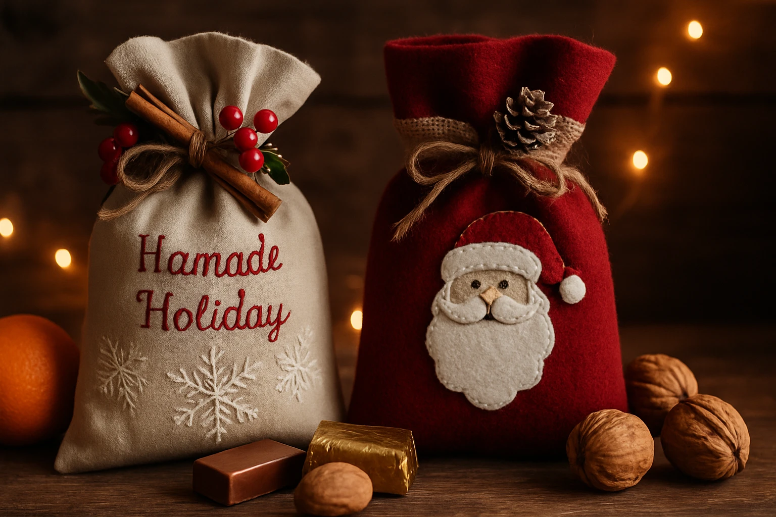 Dva vianočné darčekové sáčky, jeden béžový és egy piros, díszítve fenyőágakkal és masnikkal.