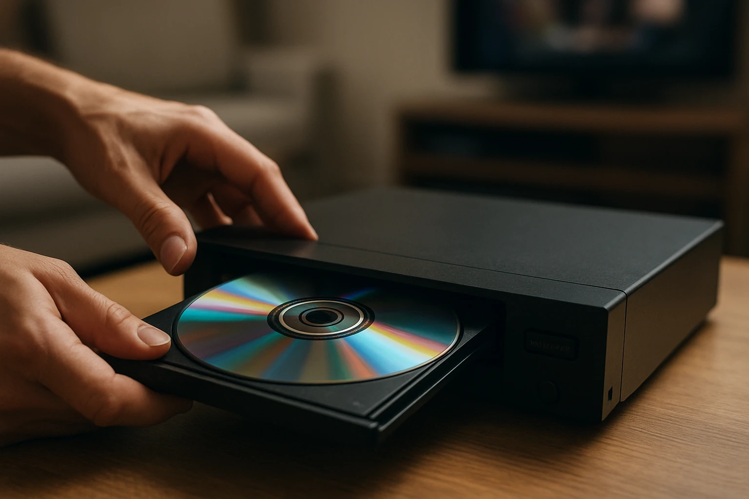 Ruka vkladajúca CD do čierneho prehrávača na drevenom stole.