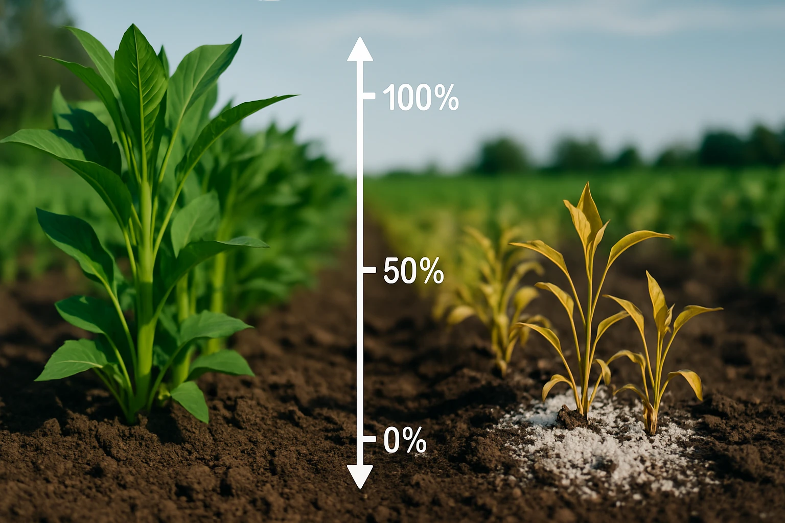 Na obrázku sú zdravé rastliny naľavo a žlté rastliny na pravej strane s soľou v pôde.