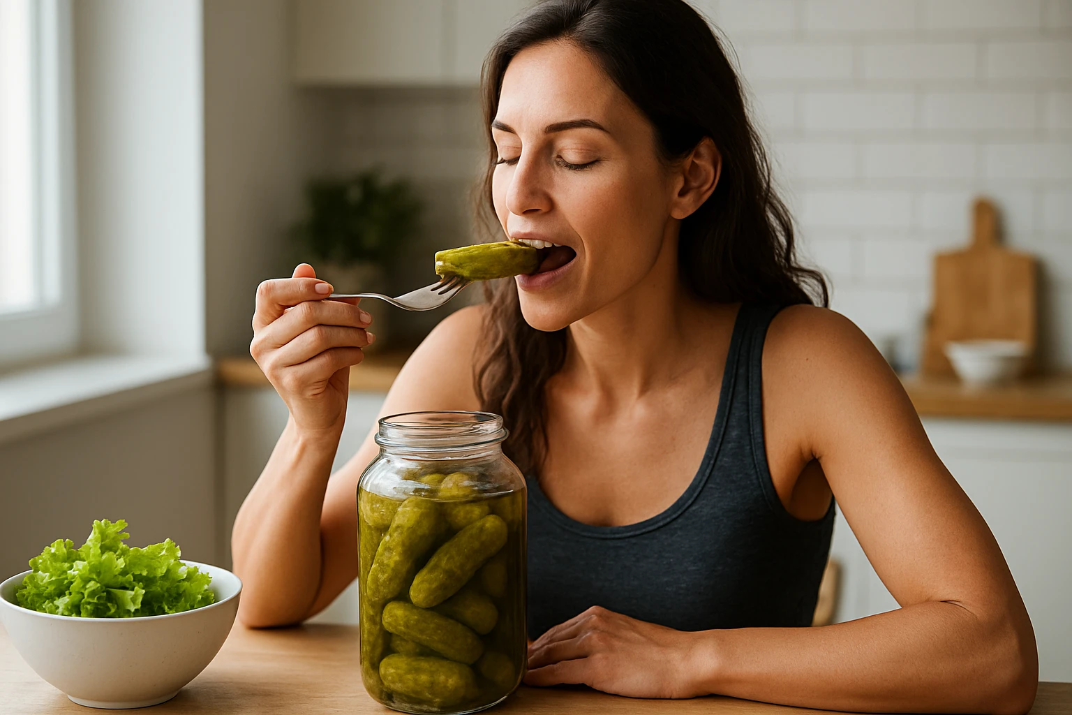 Žena si vychutnáva kyslé uhorky priamo z pohára, usmieva sa.