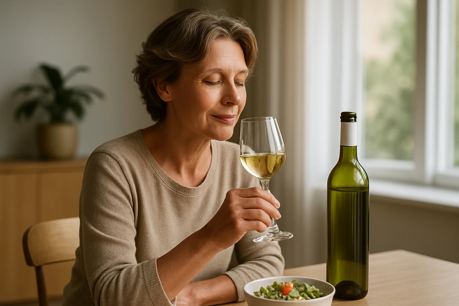 Žena si vychutnáva pohár bieleho vína pri stole s jedlom.