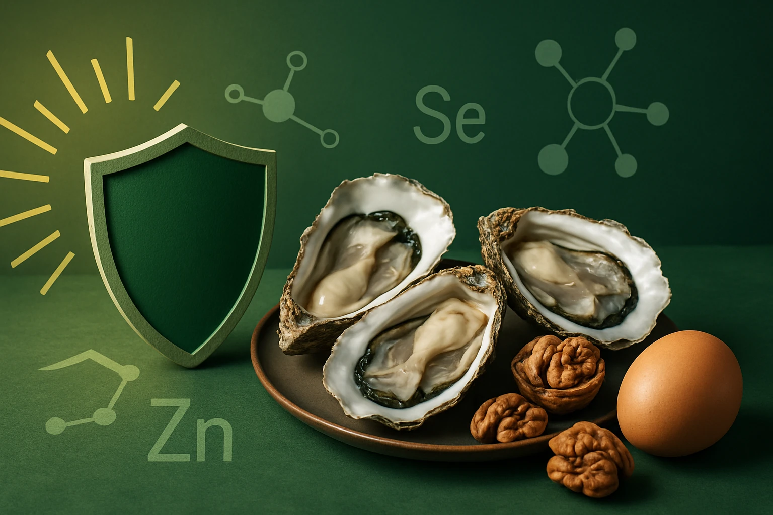 Na tanieri sú tri otvorené ustrice, vlašské orechy a vajce na zelenom pozadí.