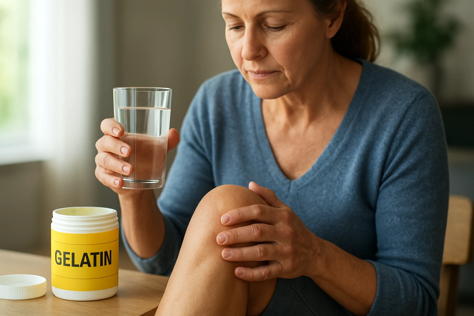 Žena s pohárom vody v ruke, sedí pri stole a dotýka sa svojho kolena.