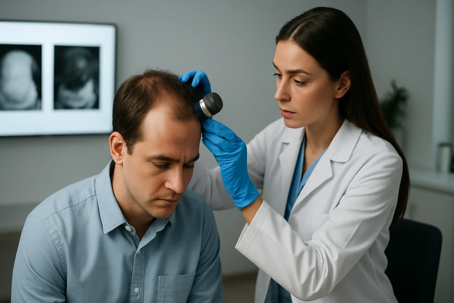 Žena v bielom plášti vyšetruje muža s rednúcimi vlasmi pomocou prístroja.