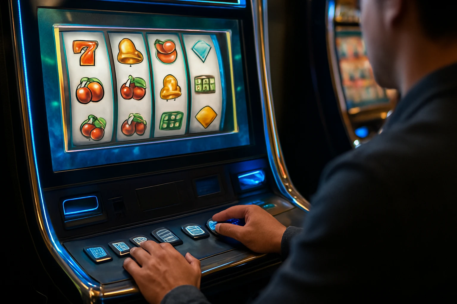 Hráč ovláda hrací automat s rôznymi symbolmi ako čerešne a zvony.