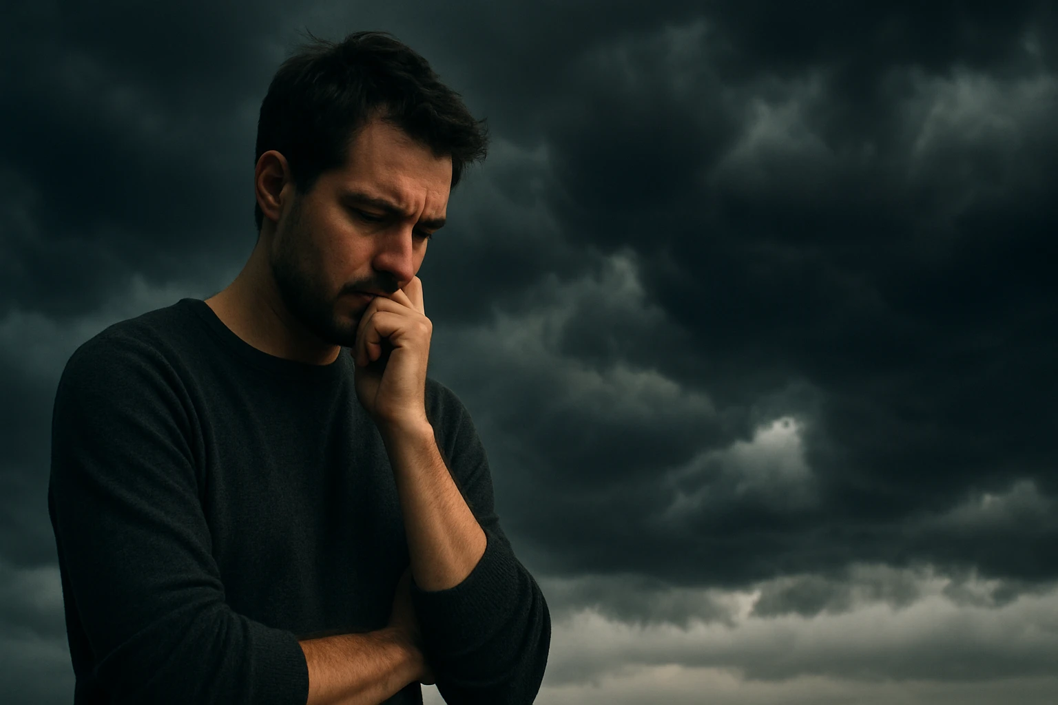 Muž zamyslený pod tmavými, zlovestnými mrakmi, vyjadrujúci pocity úzkosti.