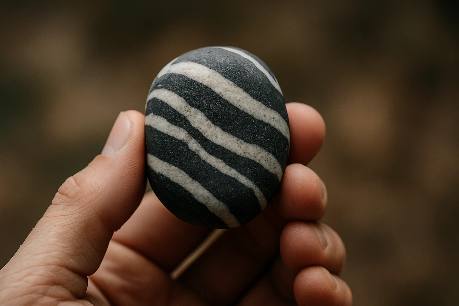 Ručne držený kameň s čiernymi a bielymi pruhmi, zblízka.
