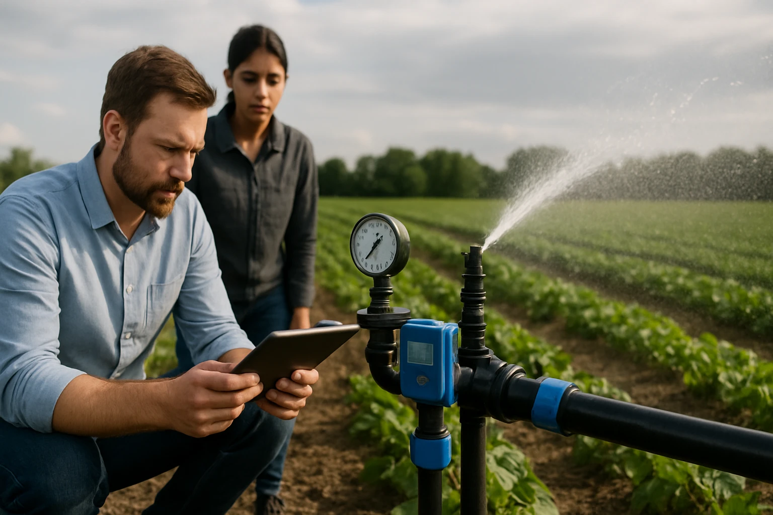 Muži a žena kontrolujú zavlažovací systém na poli s rastlinami.