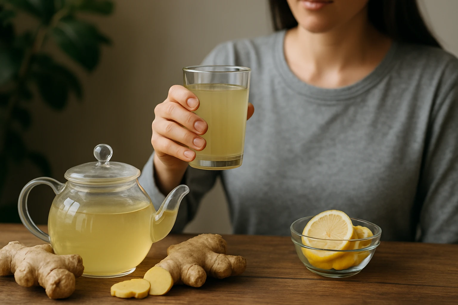 Žena drží pohár so zázvorovým nápojom, vedľa je čajník a citróny.