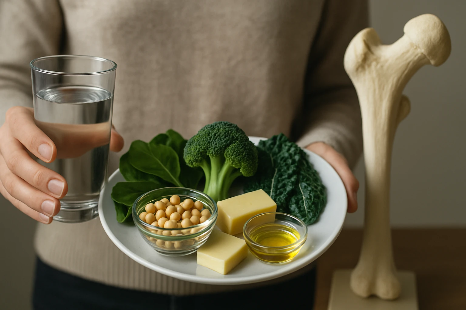 Žena drží tanier so zeleninou, syrom a pohárom vody, vedľa kostra.