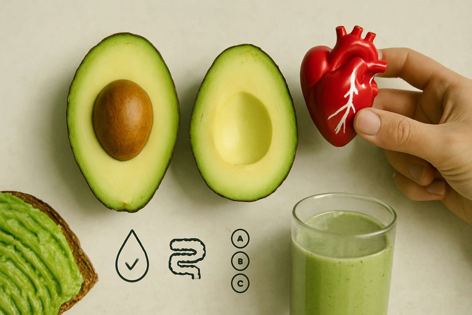 Na stole sú rozkrojené avokáda, červené srdce a zelený smoothie.