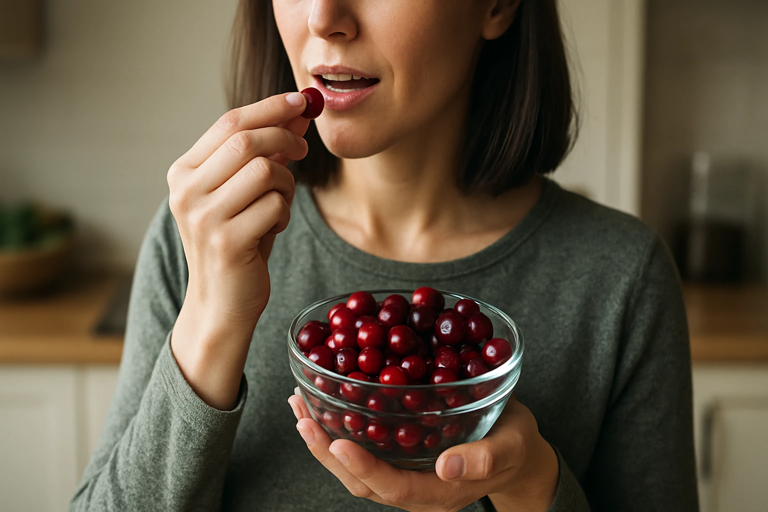 Žena si dáva červené bobule z misky do úst v kuchyni.