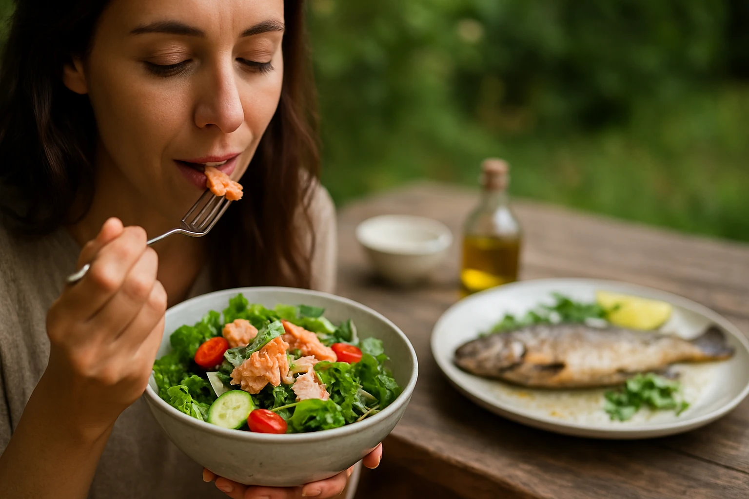 Žena si vychutnáva šalát s lososom na vonkajšej terase.