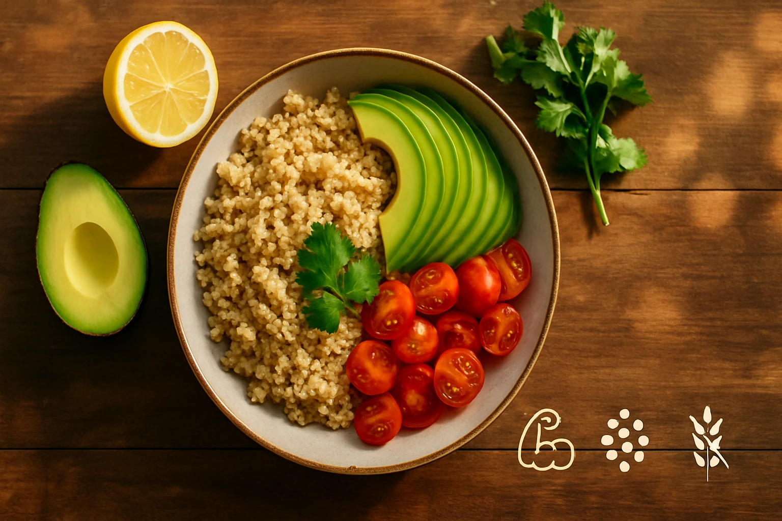 Miska s quinoa, cherry paradajkami, avokádom a citrónom na drevenom stole.