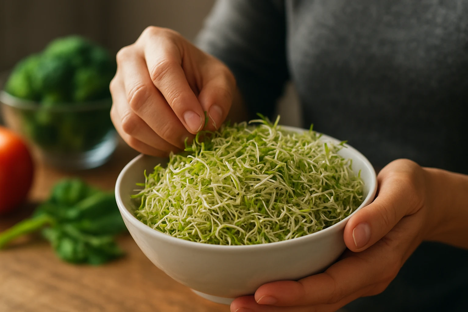 Ruka s klíčkami v bielej miske, pozadie s brokolicou a špenátom.