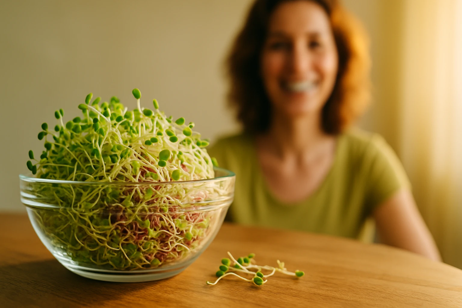 Miska klíčkov s jasně zelenými výhonky na dřevěném stole.