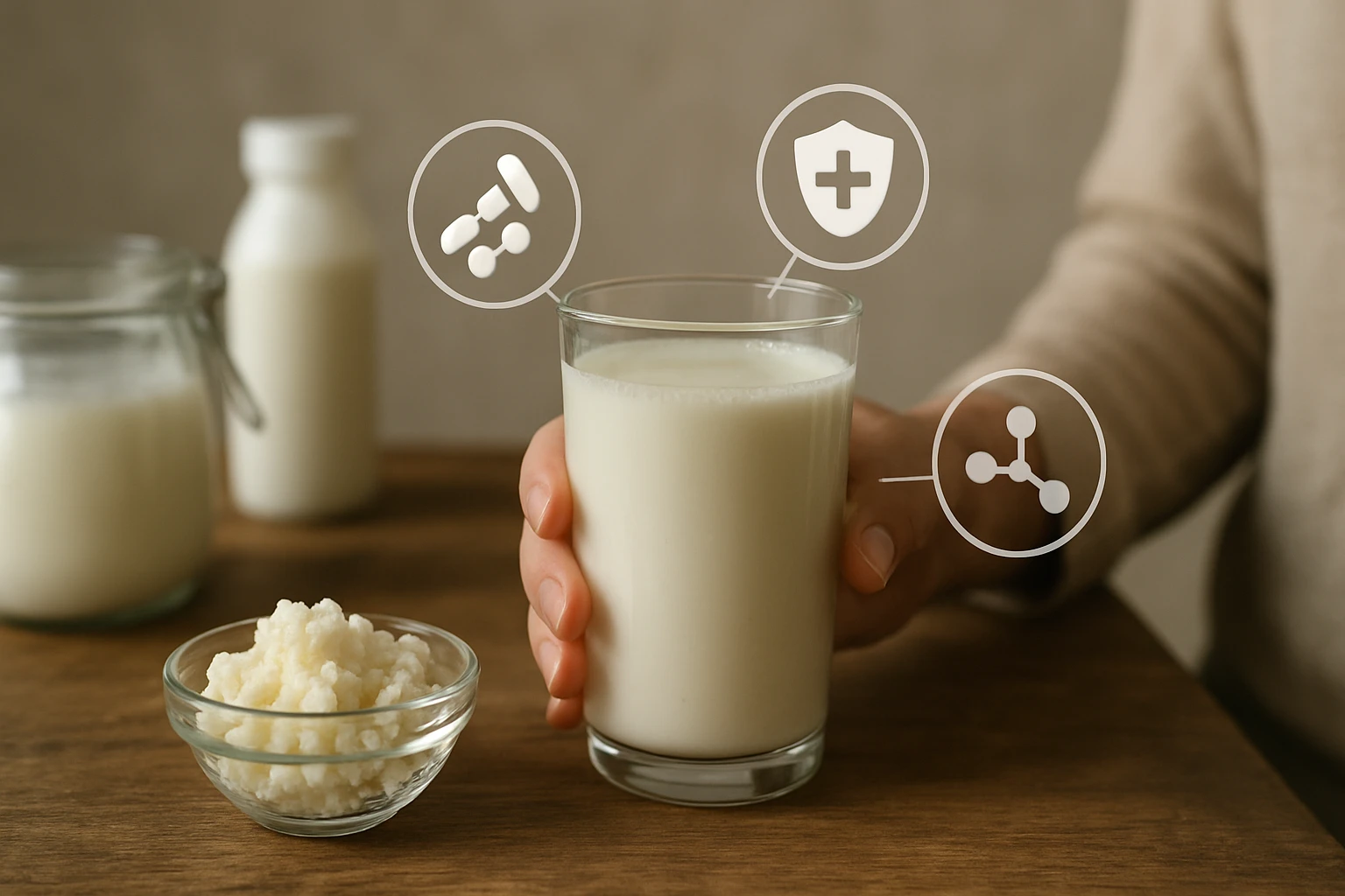 Osoba drží pohár mlieka, vedľa je miska s mliečnymi výrobkami.