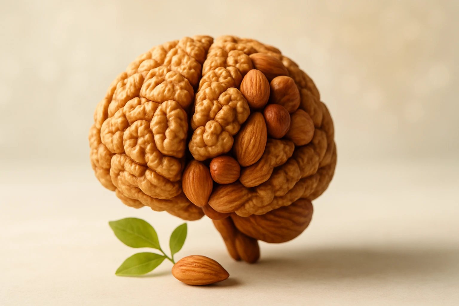 Model mozgu vyrobený z mandlí a orechov, s listom vedľa.