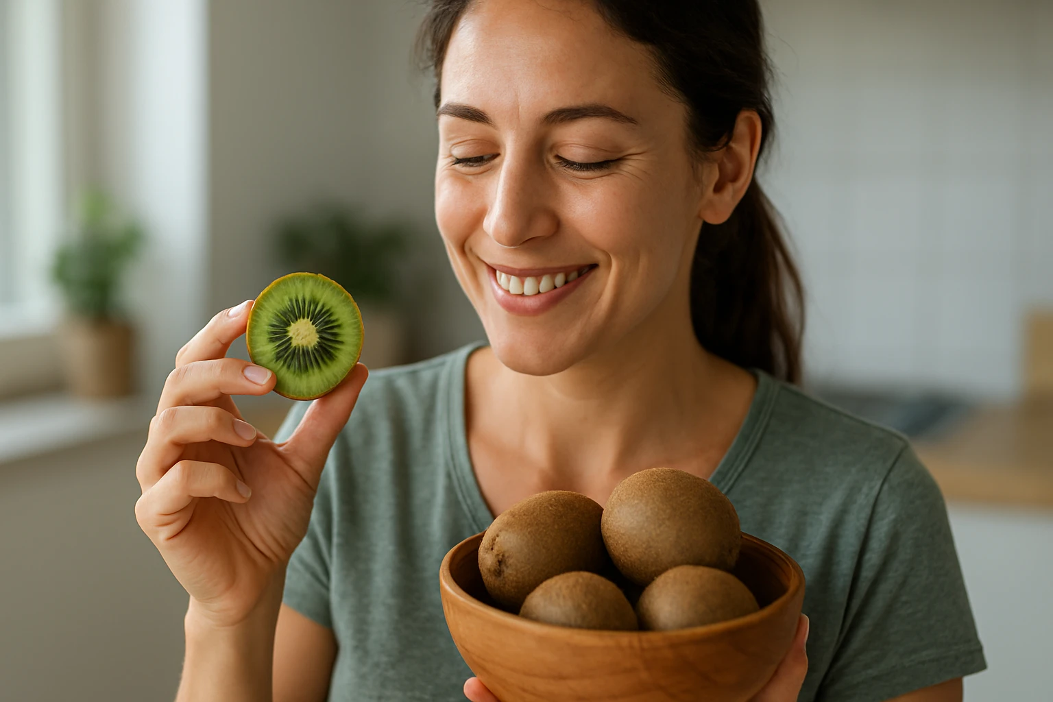 Žena sa usmieva a drží plátok kiwi pred sebou, vedľa má misku s kiwi.