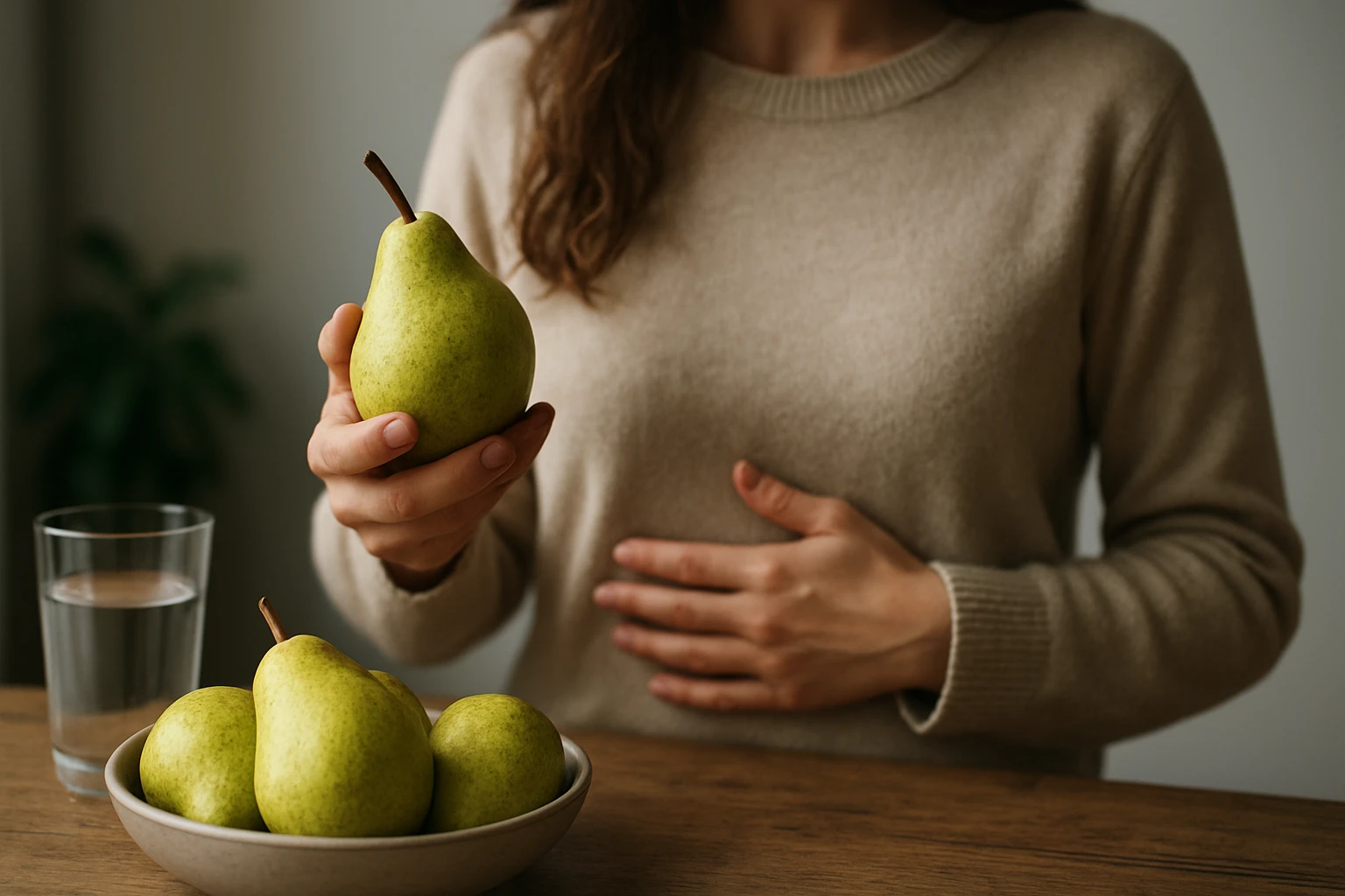 Žena drží zelenú hrušku v ruke, zatiaľ čo sa dotýka brucha.