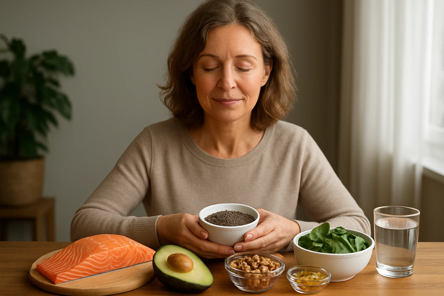 Žena s uzavretými očami drží misku so semienkami chia, okolo sú zdravé potraviny.