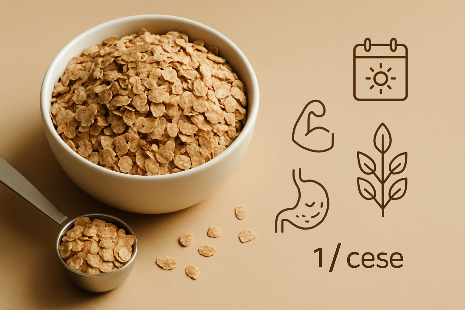 Miska s ovsenými vločkami, vedľa lyžica a ilustrácie zdravých výhod.
