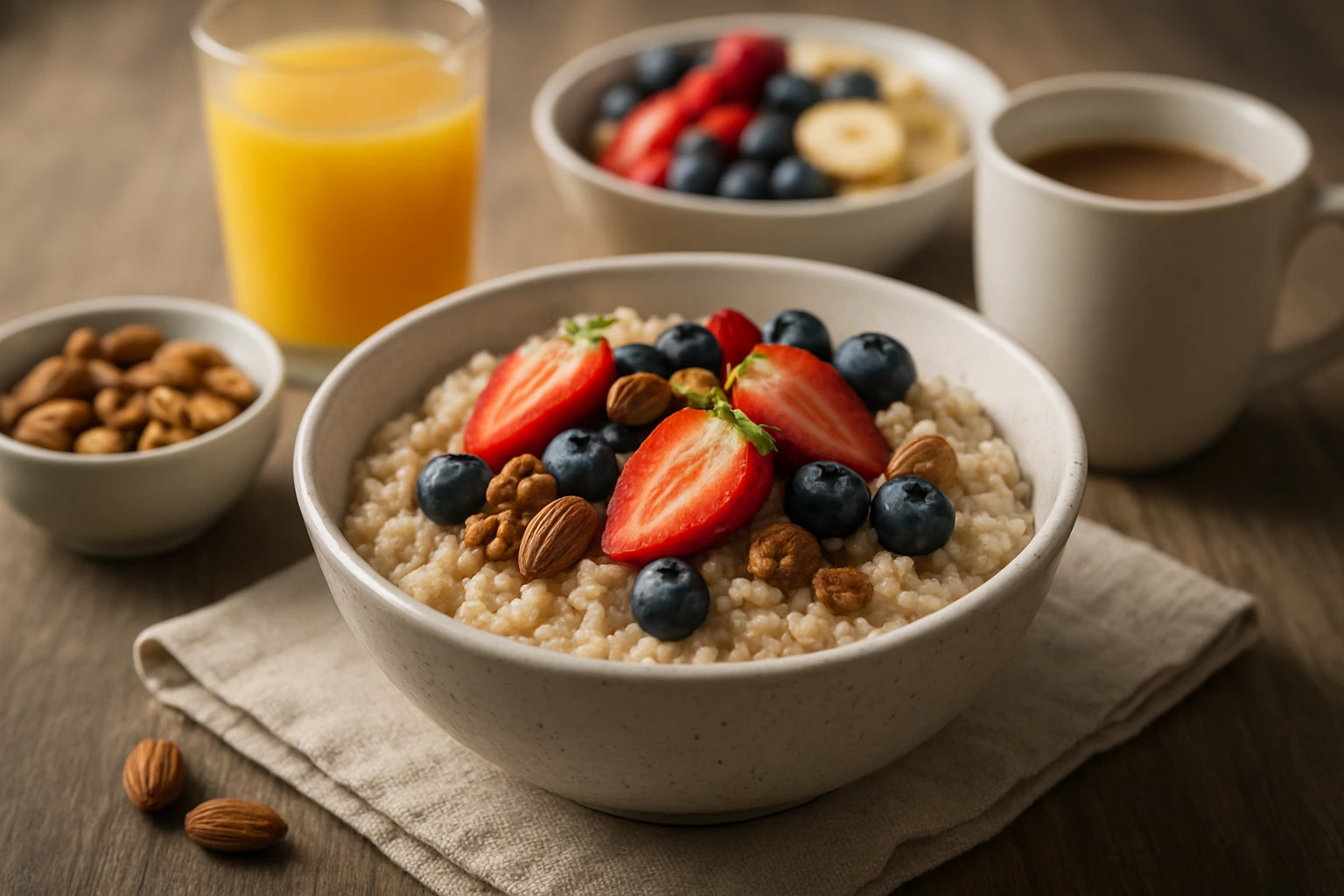 Miska ovsených vločiek s jahodami, čučoriedkami a orechmi, vedľa pohár pomarančového džúsu.