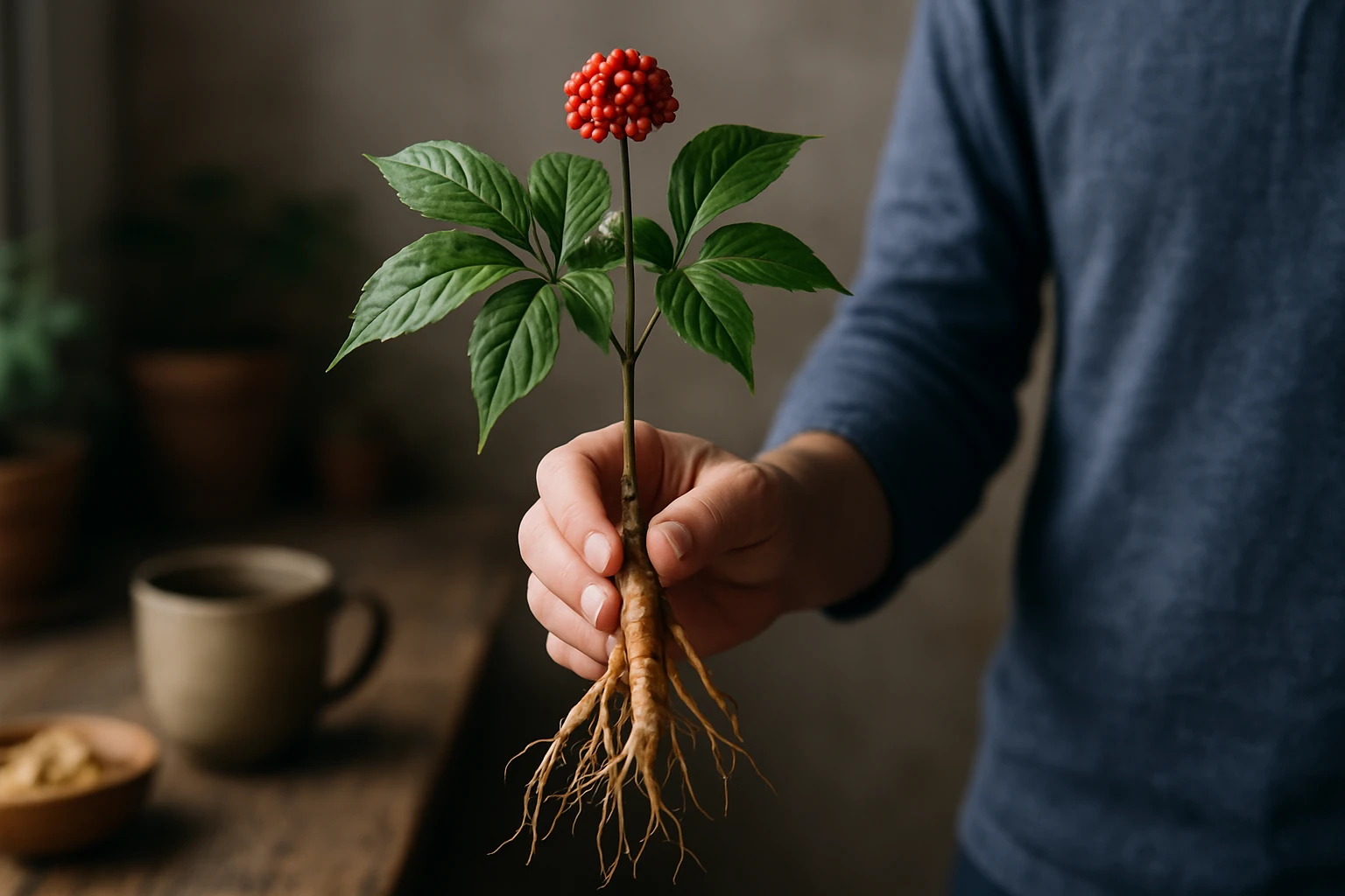Rastlina s červenými bobuľami a koreňmi, držaná v ruke.