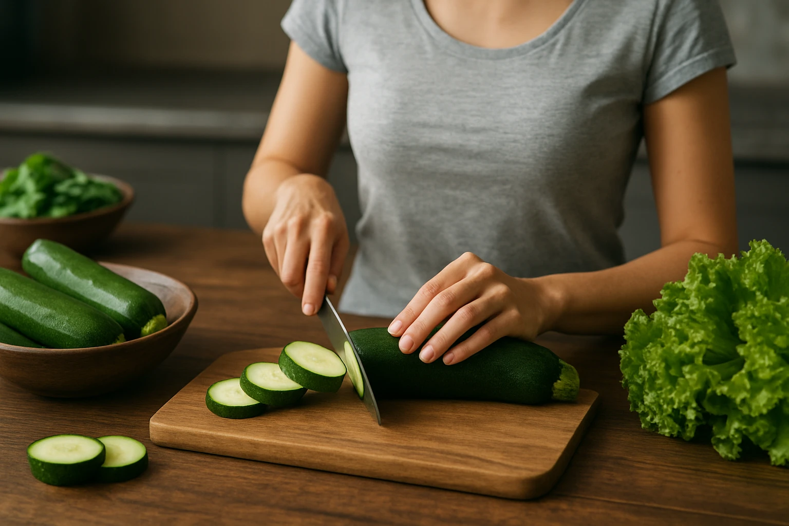 Žena krája cuketu na drevenej doske v kuchyni, okolo sú zelené ingrediencie.