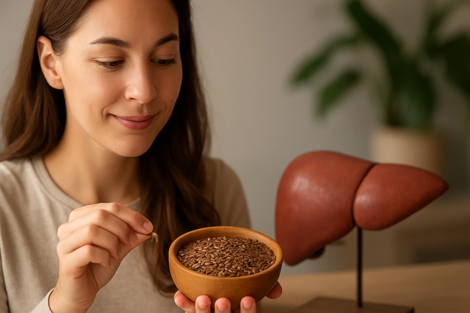 Žena drží semienko nad miskou s ľanovými semienkami, vedľa je model pečene.