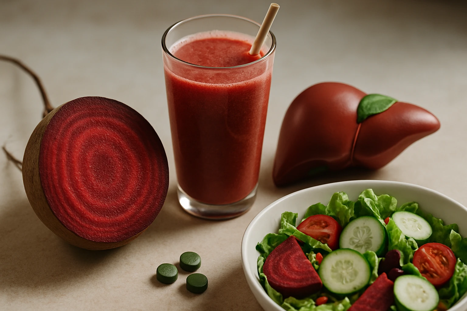 Sklenený pohár s červeným smoothie, šalát a červená repa na stole.