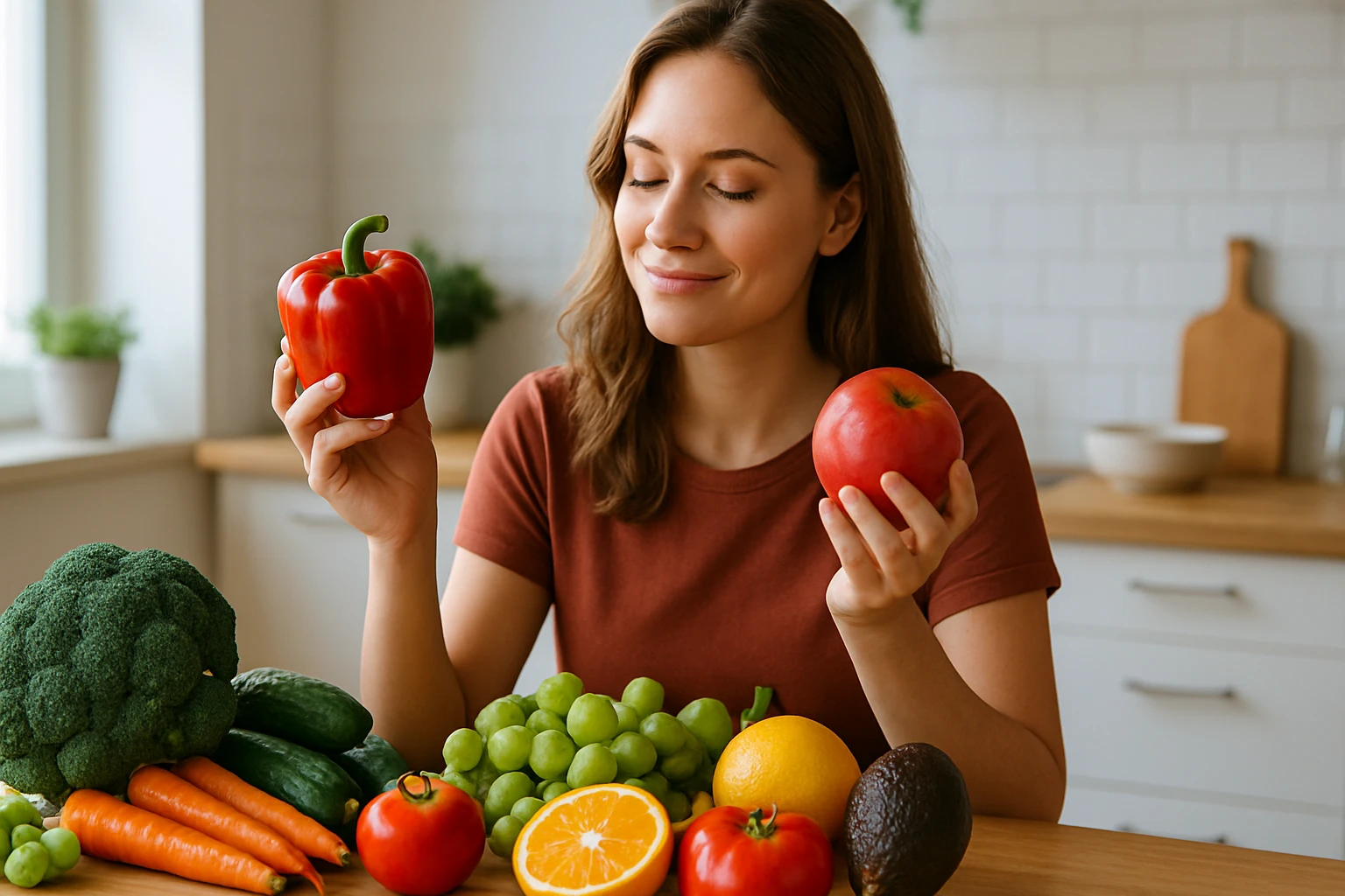 Žena s úsmevom drží červenú papriku a jablko, obklopená čerstvou zeleninou a ovocím.