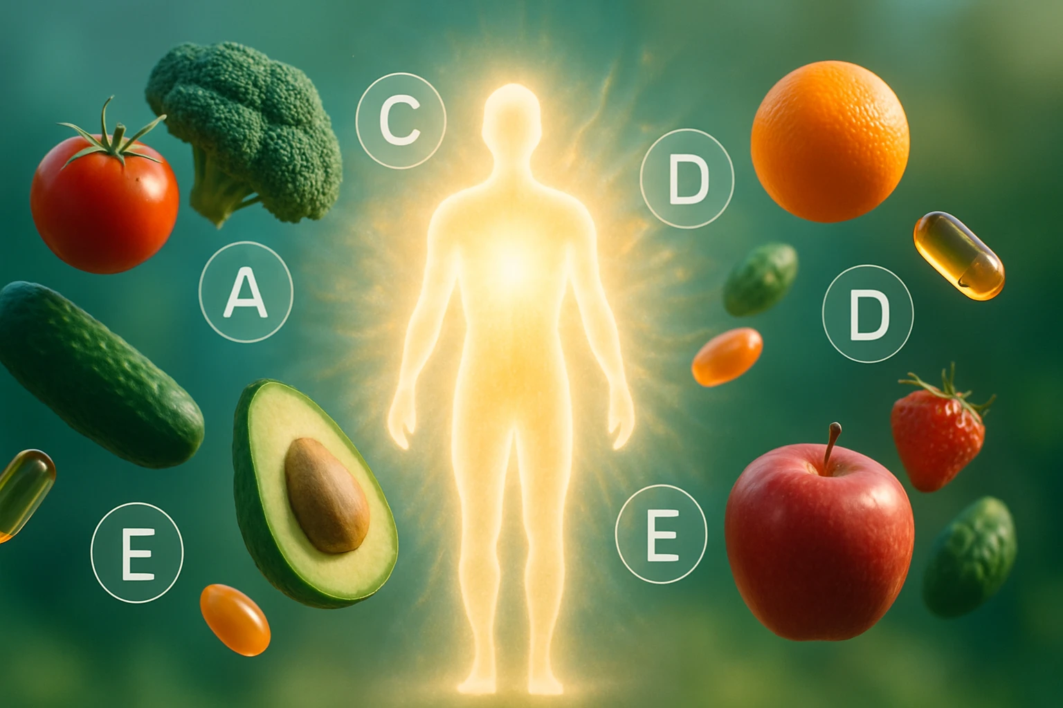 Ilustrácia zdravého životného štýlu s ovocím a zeleninou okolo siluety človeka.