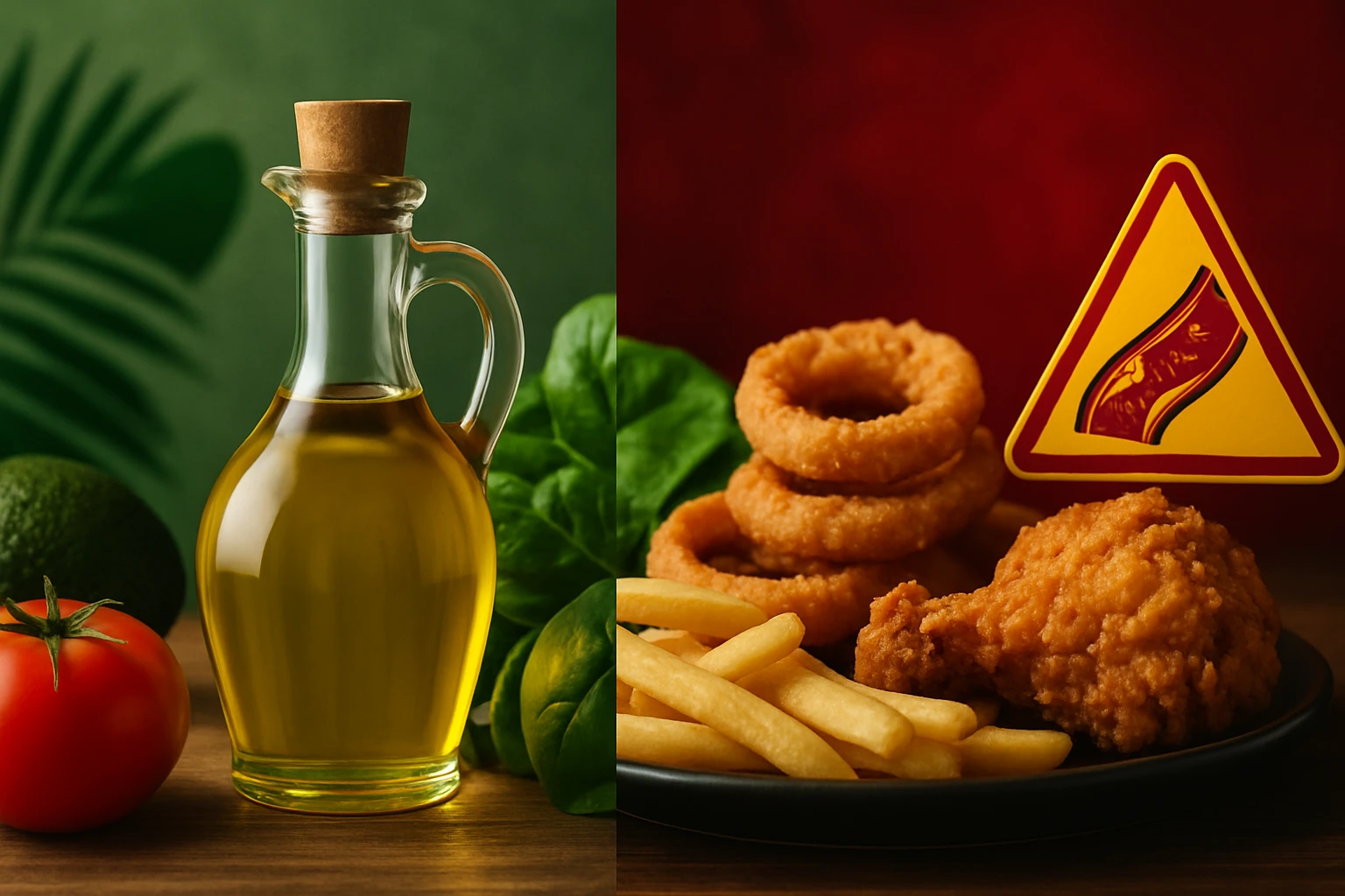 Fľaša olivového oleja, čerstvá zelenina a vyprážané jedlo na tanieri.